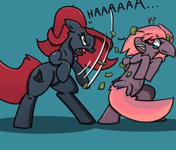 Size: 1000x851 | Tagged: safe, artist:n-o-n, oc, oc only, oc:jessi-ka, oc:sweep slick, fight, money, no, punch, red hair, you messed with the wrong mare