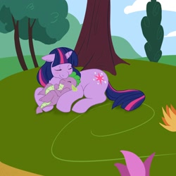 Size: 2000x2000 | Tagged: safe, artist:fluffikitten, character:spike, character:twilight sparkle, species:dragon, species:pony, species:unicorn, eyes closed, female, floppy ears, high res, male, mama twilight, mare, prone, smiling, spikelove, tree