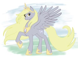 Size: 774x574 | Tagged: safe, artist:bux, character:derpy hooves, species:alicorn, species:pony, abstract background, alicornified, derpicorn, female, mare, princess, race swap, raised hoof, smiling, solo, spread wings, wings
