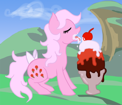 Size: 650x558 | Tagged: safe, artist:bux, character:lickety split, species:earth pony, species:pony, g1, cherry, eating, eyes closed, female, g1 to g4, generation leap, ice cream, licking, mare, solo
