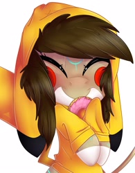 Size: 2229x2853 | Tagged: safe, artist:donutnerd, oc, oc only, oc:rune, species:pegasus, species:pony, blushing, clothing, costume, crossover, cute, donut, eyes closed, female, fluffy, food, happy, hoodie, kigurumi, mare, pikachu, plushie, pokémon, pokémon red and blue, smiling, snuggling, solo, sweatshirt, warm, young
