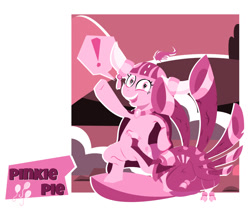 Size: 842x700 | Tagged: safe, artist:jodi sli, character:pinkie pie, species:earth pony, species:pony, episode:yakity-sax, g4, my little pony: friendship is magic, clothing, cutie mark, female, helmet, honorary yak horns, horned helmet, jewelry, looking at you, mare, necklace, open mouth, raised hoof, rock, simple background, smiling, solo, viking helmet, wide eyes, yovidaphone
