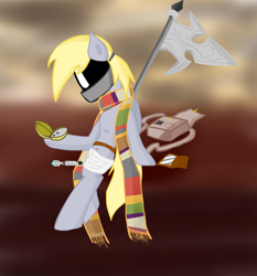 Size: 3812x4098 | Tagged: safe, artist:tixolseyerk, character:derpy hooves, species:pegasus, species:pony, bandage, clock, clothing, doctor who, female, fourth doctor's scarf, mare, mask, pocket watch, polearm, psychic paper, scarf, sonic screwdriver, weapon