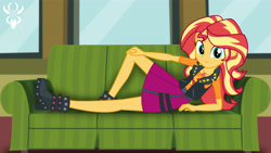 Size: 6830x3840 | Tagged: safe, artist:legendaryspider, character:sunset shimmer, episode:text support, g4, my little pony: equestria girls, my little pony:equestria girls, boots, clothing, couch, cutie mark, draw me like one of your french girls, female, geode of empathy, high heel boots, jacket, leather, leather jacket, legs, looking at you, magical geodes, reclining, relaxed, relaxing, shoes, show accurate, skirt, smiling, solo, text support: sunset shimmer, watermark