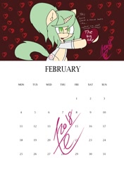 Size: 594x842 | Tagged: safe, artist:exxie, oc, oc only, oc:tezla, birthday art, calendar, confused, february, heart, simple background, talking to herself