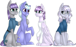 Size: 1591x980 | Tagged: safe, artist:sychia, character:maud pie, character:sugarcoat, oc, oc:rock candy (ice1517), oc:sweetie pie (ice1517), parent:maud pie, parent:sugarcoat, parents:maudcoat, species:earth pony, species:pegasus, species:pony, icey-verse, clothing, commission, equestria girls ponified, family, female, glasses, hoodie, hoof on shoulder, lesbian, magical lesbian spawn, mare, maudcoat, mother and daughter, offspring, ponified, shipping, simple background, sisters, sweater, transparent background