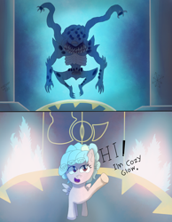 Size: 1700x2194 | Tagged: safe, artist:infinita est lux solis, character:cozy glow, 2 panel comic, chaos, comic, daemon, evil, fire, magic, text, this will end in chaos, this will end in death, this will end in demons, this will end in heresy, this will end in tears and/or death, tzeentch, warhammer (game), warhammer 40k, xk-class end-of-the-world scenario
