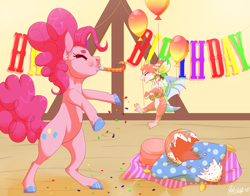 Size: 1958x1536 | Tagged: safe, artist:qatsby, character:pinkie pie, oc, oc:funfetti, parent:discord, parent:pinkie pie, parents:discopie, species:draconequus, balloon, bipedal, colored hooves, draconequus oc, egg, female, floating, hatching, interspecies offspring, mother and daughter, newborn, noisemaker, offspring, story in the source