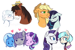 Size: 900x600 | Tagged: safe, artist:lullabyprince, character:applejack, character:coco pommel, character:coloratura, character:double diamond, character:maud pie, character:rarity, character:starlight glimmer, character:trixie, character:trouble shoes, ship:marshmallow coco, ship:mauxie, ship:rarajack, ship:startrix, female, gay, heart, lesbian, male, shipping, simple background, starmaud, starmauxie, tongue out, transparent background