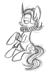 Size: 502x727 | Tagged: safe, artist:twilightcomet, character:starlight glimmer, species:pony, species:unicorn, black and white, clothing, collar, cuffs (clothes), curved horn, dress, elizabethan, female, grayscale, horn, mare, monochrome, ruff (clothing), simple background, sketch, smiling, solo
