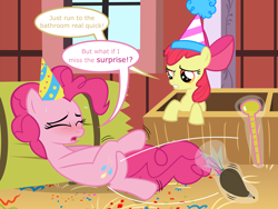 Size: 8000x6000 | Tagged: safe, alternate version, artist:ithinkitsdivine, character:apple bloom, character:pinkie pie, species:earth pony, species:pony, absurd resolution, barn, bladder gauge, blushing, clothing, confetti, covering crotch, crossed legs, desperation, dialogue, duo, duo female, female, hat, hay, icing bag, mare, need to pee, need to poop, omorashi, party hat, potty dance, potty emergency, potty time, squirming, sweat, sweet apple acres