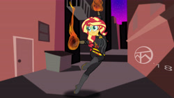 Size: 6830x3840 | Tagged: safe, artist:legendaryspider, character:sunset shimmer, my little pony:equestria girls, alley, alleyway, boots, building, city, cityscape, clothing, commission, female, fiery shimmer, fire, form fitting, gloves, goggles, jacket, pants, safety goggles, shoes, solo, superhero, visor