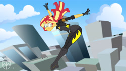 Size: 6830x3840 | Tagged: safe, artist:legendaryspider, character:sunset shimmer, my little pony:equestria girls, boots, building, city, cityscape, clothing, costume, form fitting, gloves, goggles, jacket, leaping, safety goggles, shoes, superhero, visor, windswept hair