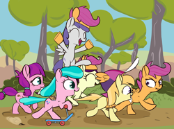 Size: 1668x1241 | Tagged: safe, artist:foal, character:aquamarine, character:boysenberry, character:lily longsocks, character:noi, character:scootaloo, character:tornado bolt, species:earth pony, species:pegasus, species:pony, /mlp/, episode:the washouts, g4, my little pony: friendship is magic, adorasocks, aquabetes, boysenbetes, chase, cute, cutealoo, excited, fake wings, fans, female, filly, noiabetes, scootaloo fanclub, scootaloo gear, scootaloo hat, scootamad, scooter, scrunchy face, tornadorable