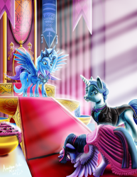 Size: 2153x2786 | Tagged: safe, artist:amalgamzaku, character:fancypants, character:trixie, character:twilight sparkle, character:twilight sparkle (alicorn), species:alicorn, species:pony, species:unicorn, fanfic:off the mark, alicornified, bowing, canterlot castle, clothing, crepuscular rays, dress, fake alicorn, fake wings, fanfic, fanfic art, female, jewelry, kneeling, lidded eyes, male, mare, race swap, regalia, smug, spread wings, stallion, throne, throne room, trixiecorn, wings