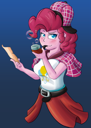 Size: 925x1301 | Tagged: safe, artist:mandy1412, character:pinkie pie, my little pony:equestria girls, belt, blue background, bubble, bubble pipe, clothing, deerstalker, detective, female, hat, paper, sherlock holmes, simple background, solo