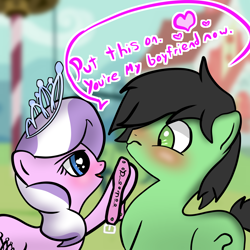 Size: 1920x1920 | Tagged: safe, artist:crimsonsky, character:diamond tiara, oc, oc:anon, oc:colt anon, species:earth pony, species:pony, /mlp/, blushing, collar, colt, dialogue, drawthread, embarrassed, female, femdom, filly, heart, heart eyes, jewelry, male, straight, tiara, wingding eyes