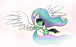 Size: 2480x1551 | Tagged: safe, artist:banebuster, character:princess celestia, oc, oc:anon, oc:anon stallion, species:alicorn, species:pony, anonymous, belly button, bronybait, cuddling, cute, cutelestia, embrace, eyes closed, female, glow, happy, hnnng, hug, love, male, mare, missing accessory, momlestia, question mark, simple background, snuggling, soft, spread wings, stallion, warm, wings