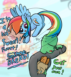 Size: 1920x2100 | Tagged: safe, artist:crimsonsky, character:rainbow dash, oc, oc:anon, species:human, species:pegasus, species:pony, /mlp/, 4chan, annoyed, behaving like a bird, birb, bread, colored, cute, dashabetes, drawthread, duo, food, funny, plot, ponyville, silly, smiling, tail slap, tail whip
