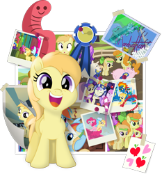 Size: 1878x2014 | Tagged: safe, artist:lumorn, character:alula, character:apple bloom, character:aura, character:bloo, character:carrot top, character:golden harvest, character:noi, character:pinkie pie, character:piña colada, character:pluto, character:rainbow dash, character:ruby splash, species:earth pony, species:pony, background pony, bloo, camera, cute, female, filly, galacon, happy, movie accurate, noiabetes, photo, simple background, transparent background, wormie
