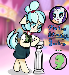 Size: 1920x2100 | Tagged: safe, artist:crimsonsky, character:coco pommel, character:rarity, oc, oc:anon, species:earth pony, species:human, species:pony, /mlp/, 4chan, animal crossing, bipedal, blushing, carousel boutique, clothing, cocobetes, colored, cute, darling, dialogue, drawthread, floppy ears, isabelle, shy, standing, trio