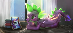 Size: 1100x500 | Tagged: safe, artist:renciel, character:rarity, character:spike, species:dragon, species:pony, ship:sparity, episode:molt down, g4, my little pony: friendship is magic, female, male, mare, picture, shipping, smiling, straight, winged spike