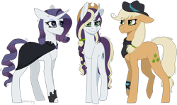 Size: 1605x949 | Tagged: safe, artist:sychia, character:mean applejack, character:mean rarity, oc, oc:rotten core, parent:mean applejack, parent:mean rarity, parents:mean rarijack, species:earth pony, species:pony, species:unicorn, icey-verse, episode:the mean 6, g4, my little pony: friendship is magic, bandage, bandana, cape, clone, clothing, commission, cowboy hat, eyeshadow, family, female, hat, lesbian, magical lesbian spawn, makeup, mare, mean rarijack, messy mane, mother and daughter, next generation, offspring, shipping, simple background, tape, transparent background