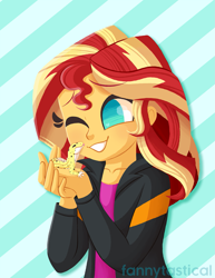 Size: 1275x1650 | Tagged: safe, artist:fannytastical, character:ray, character:sunset shimmer, episode:pet project, eqg summertime shorts, g4, my little pony: equestria girls, my little pony:equestria girls, clothing, female, gecko, jacket, leopard gecko, lizard, no pupils, ray