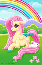 Size: 1650x2550 | Tagged: safe, artist:fannytastical, character:fluttershy, species:pegasus, species:pony, species:rabbit, cloud, colored hooves, colored wings, colored wingtips, female, flower, lisa frank, rainbow, sky, smiling, solo