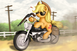 Size: 3040x2020 | Tagged: safe, artist:awalex, character:applejack, species:earth pony, species:pony, female, fence, gun, motorcycle, movie reference, power line, riding, shotgun, solo, sunglasses, terminator, terminator 2, underhoof, weapon, winchester model 1887