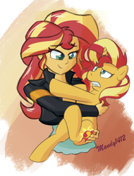 Size: 1654x2171 | Tagged: safe, artist:mandy1412, character:sunset shimmer, species:pony, species:unicorn, my little pony:equestria girls, clothing, cute, cutie mark, female, holding a pony, human ponidox, jacket, mare, ponidox, self ponidox, shimmerbetes, sunset shimmer day, unsure