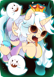 Size: 1024x1453 | Tagged: safe, artist:kumikoponylk, species:pony, species:unicorn, antagonist, boo (super mario), booette, bowsette, clothing, crown, dress, evil, evil grin, female, ghost, grin, jewelry, king boo, mare, new super mario bros. u deluxe, nintendo direct, open mouth, ponified, princess boo, regalia, sharp teeth, slit eyes, smiling, super crown, teeth, tongue out, undead, villainess