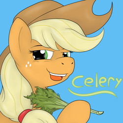 Size: 1200x1200 | Tagged: safe, artist:pavlovzdawg, character:applejack, species:earth pony, species:pony, blue background, celery, female, food, looking at you, mare, simple background, solo, text