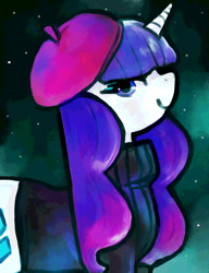 Size: 1000x1300 | Tagged: safe, artist:staticdragon1, character:rarity, species:pony, species:unicorn, alternate hairstyle, beatnik rarity, beret, clothing, female, hat, looking at you, mare, smiling, solo, sweater