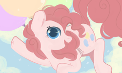 Size: 1500x900 | Tagged: safe, artist:staticdragon1, character:pinkie pie, species:earth pony, species:pony, balloon, cute, cutie mark, diapinkes, female, floating, looking at you, mare, smiling, solo, then watch her balloons lift her up to the sky