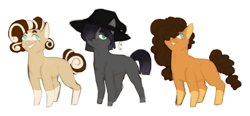 Size: 1024x475 | Tagged: safe, artist:geisharozu, oc, oc only, oc:black quartz, oc:konpeito, oc:rocky road, parent:cheese sandwich, parent:maud pie, parents:maudwich, species:earth pony, species:pony, clothing, female, filly, hat, offspring, simple background, sisters, socks (coat marking), trio, white background, witch hat