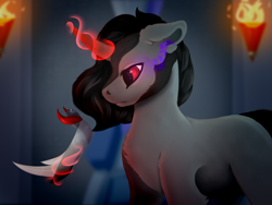 Size: 6000x4500 | Tagged: safe, artist:isorrayi, character:king sombra, species:pony, absurd resolution, blank flank, crown, curved horn, glowing horn, horn, jewelry, levitation, magic, male, missing accessory, red eyes, regalia, sideburns, solo, sombra eyes, telekinesis, torch