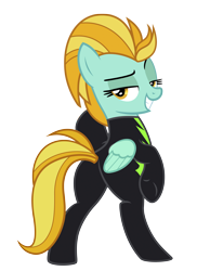 Size: 3334x4576 | Tagged: safe, artist:vanchees, character:lightning dust, species:pegasus, species:pony, episode:the washouts, g4, my little pony: friendship is magic, bedroom eyes, bipedal, bodysuit, catsuit, clothing, female, grin, looking at you, looking back, looking back at you, plot, simple background, smiling, solo, stupid sexy lightning dust, transparent background, uniform, vector, washouts uniform