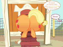Size: 8000x6000 | Tagged: safe, artist:ithinkitsdivine, character:applejack, character:big mcintosh, absurd resolution, amplejack, applebutt, applefat, bottom heavy, butt, butt only, buttstuck, chicken coop, dialogue, fat, female, huge butt, implied applemac, implied incest, implied shipping, implied straight, large butt, looking at her butt, need to go on a diet, need to lose weight, offscreen character, plot, solo, stuck, sweet apple acres, the ass is monstrously oversized for tight entrance, the ass was fat, the ass was too fat, too fat to fit, too fat to get through