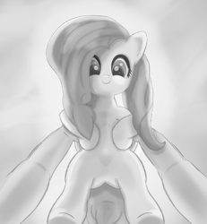 Size: 1920x2080 | Tagged: safe, artist:crimsonsky, character:fluttershy, species:human, species:pony, cloud, cloudy, comfy, cute, first person view, happy, holding, holding a pony, monochrome, offscreen character, pov, shyabetes, smiling