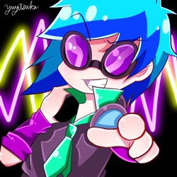 Size: 768x768 | Tagged: safe, artist:yuyutsuka_0130, character:dj pon-3, character:vinyl scratch, my little pony:equestria girls, female, glasses, no nose, pointing, solo