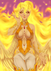 Size: 2890x4006 | Tagged: safe, artist:coconuthound, character:daybreaker, character:princess celestia, species:human, absolute cleavage, breasts, cleavage, clothing, female, fire, horns, humanized, jewel, looking at you, smiling, solo, wings