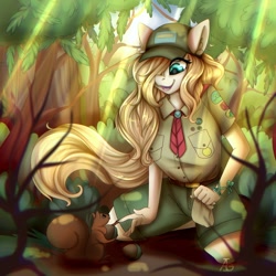 Size: 1350x1350 | Tagged: safe, artist:igazella, oc, oc only, species:anthro, species:pony, acorn, anthro oc, cap, clothing, cute, digital art, female, hair over one eye, hat, looking down, mare, open mouth, shirt, shorts, signature, smiling, solo, squirrel, ych result