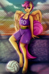 Size: 900x1350 | Tagged: safe, artist:igazella, character:scootaloo, species:anthro, species:pegasus, species:pony, ball, belly button, breasts, busty scootaloo, cleavage, clothing, female, midriff, older, older scootaloo, shirt, shorts, smiling, solo, sports, sports uniform, volleyball, ych result