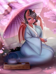 Size: 1470x1960 | Tagged: safe, artist:igazella, oc, oc only, oc:mariposa, species:anthro, species:bat pony, :o, anime, anthro oc, bat pony oc, blushing, cherry blossoms, clothing, cup, cute, ear piercing, earring, flower, flower blossom, holding, jewelry, kimono (clothing), looking at you, open mouth, piercing, ponytail, rock, signature, sitting, solo, steam, teacup, teapot, tree, umbrella, ych result