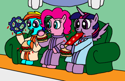 Size: 1700x1100 | Tagged: safe, artist:blackrhinoranger, character:pinkie pie, character:rainbow dash, character:twilight sparkle, character:twilight sparkle (alicorn), species:alicorn, species:pony, burger, clothing, couch, eating, ed edd n eddy, food, hoof hold, kanker burger, nagged to ed, pink twi n dashie, robe, sitting, straw, that pony sure does love burgers, twilight burgkle, wheel