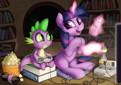 Size: 2377x1670 | Tagged: safe, artist:awalex, character:spike, character:twilight sparkle, character:twilight sparkle (unicorn), species:dragon, species:pony, species:unicorn, book, bookshelf, bowsette, controller, duo, female, food, glowing horn, golden oaks library, levitation, looking at each other, magic, male, mare, popcorn, soda, soda bottle, super famicom, super nintendo, telekinesis, video game