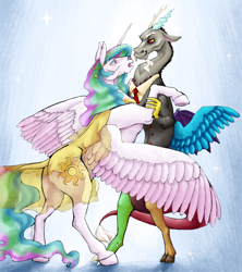 Size: 4000x4500 | Tagged: safe, artist:holka13, derpibooru original, character:discord, character:princess celestia, species:alicorn, species:draconequus, species:pony, ship:dislestia, absurd resolution, clothing, dancing, female, male, mare, realistic, shipping, straight