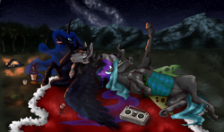 Size: 4300x2553 | Tagged: safe, artist:holka13, character:king sombra, character:nightmare moon, character:princess luna, character:queen chrysalis, species:alicorn, species:changeling, species:pony, species:unicorn, alcohol, alternate hairstyle, boombox, broken horn, campfire, changeling queen, chrysombramoon, fangs, female, hoers, horn, lying down, male, night, on back, realistic, shipping, sombramoon, spread wings, stars, straight, wings