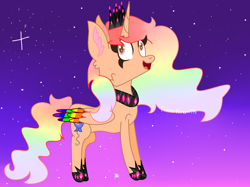 Size: 1762x1320 | Tagged: safe, artist:mlpfan2017, oc, oc only, oc:princess rainbow party, species:alicorn, species:pony, clothing, colored wings, crown, gradient background, happy, horse shoes, long mane, long tail, looking up, multicolored wings, peytral, rainbow hair, rainbow wings, regalia, shoes, simple background, solo